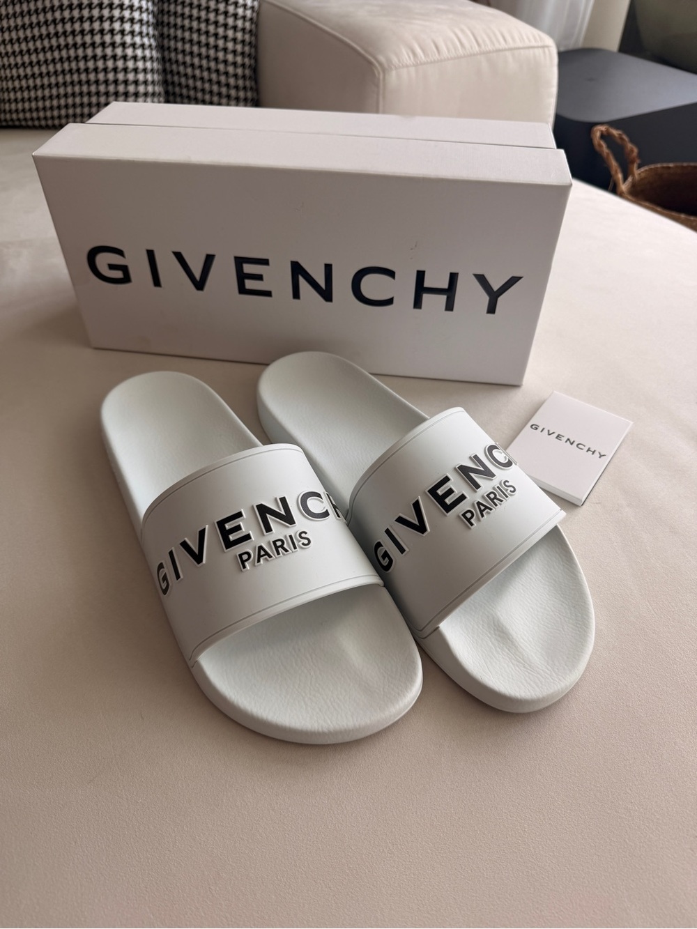 Givenchy White Slide Sandals with Black Logo
